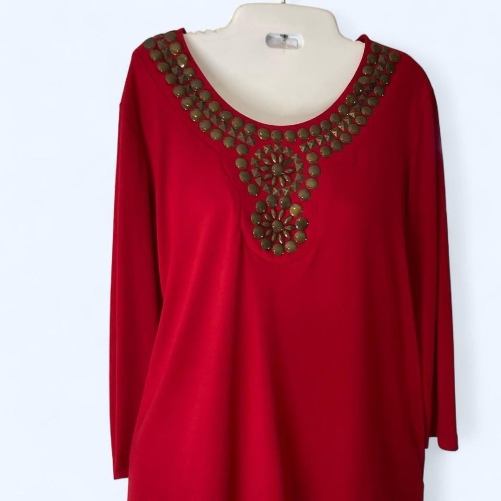 Susan Graver Red Long Sleeve Top with decorative beading S